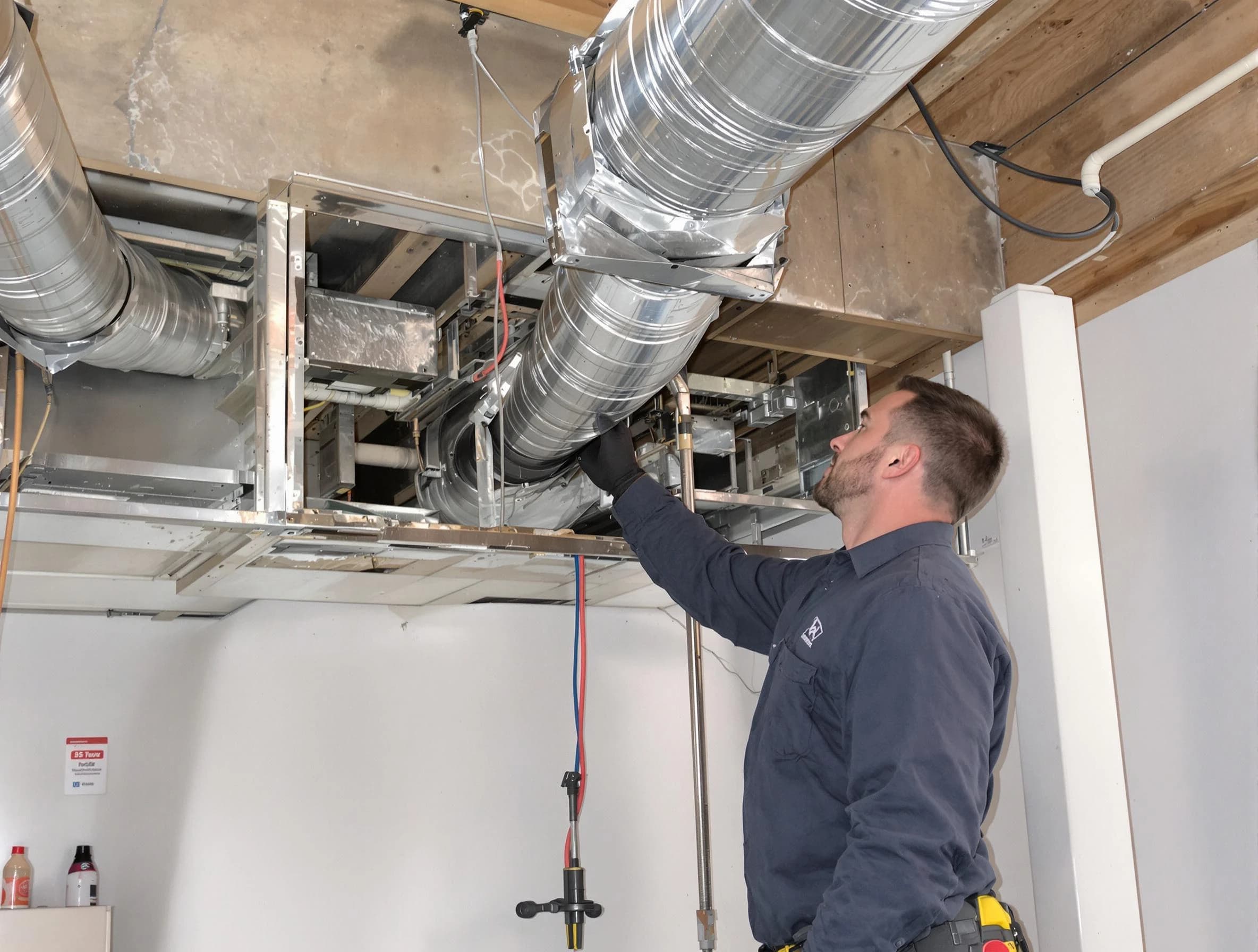 Baldwin Air Duct Cleaning technician performing professional air duct repair using specialized tools in Baldwin
